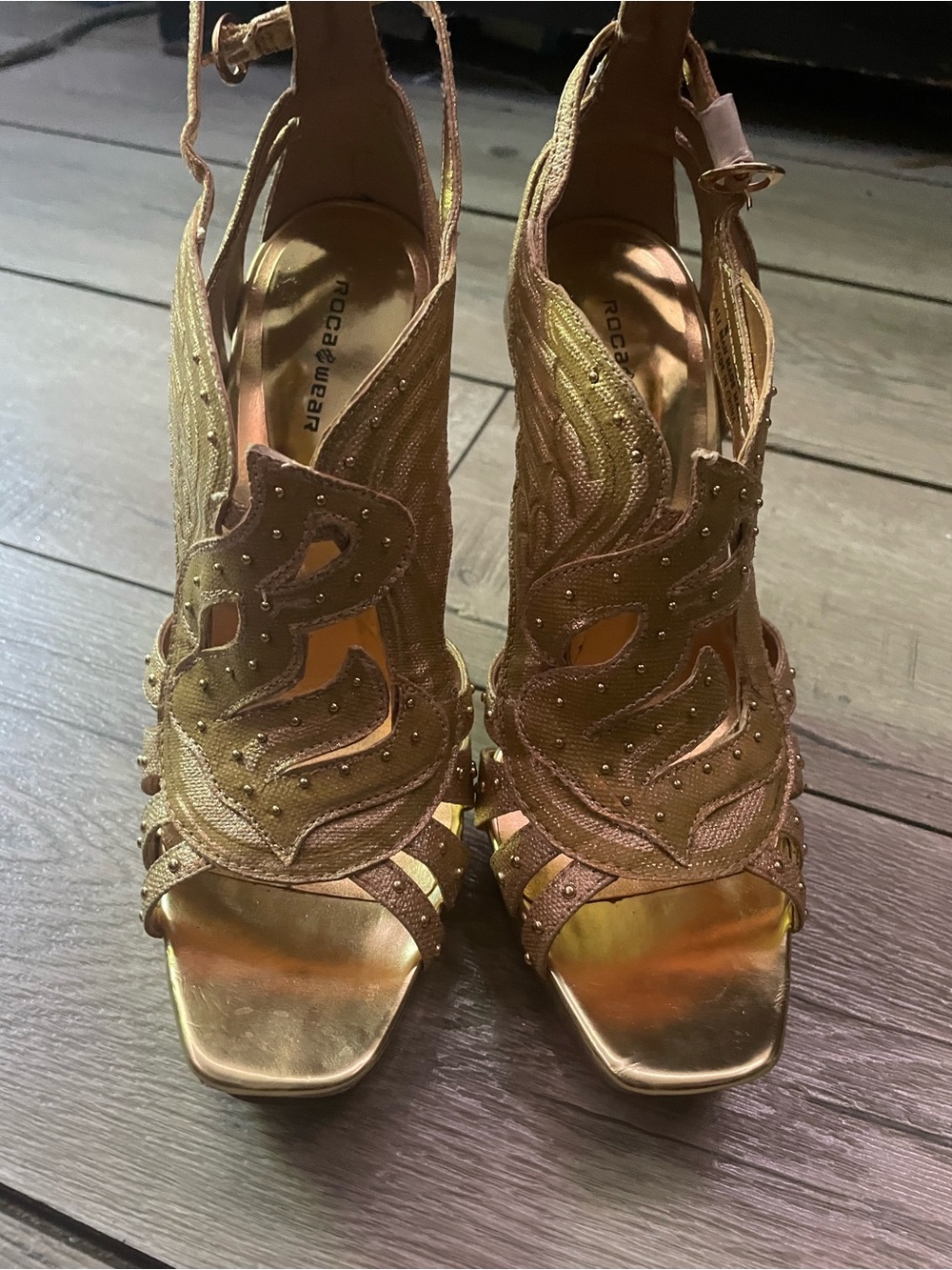 Rocawear Metallic Gold Strappy Embellished Heels